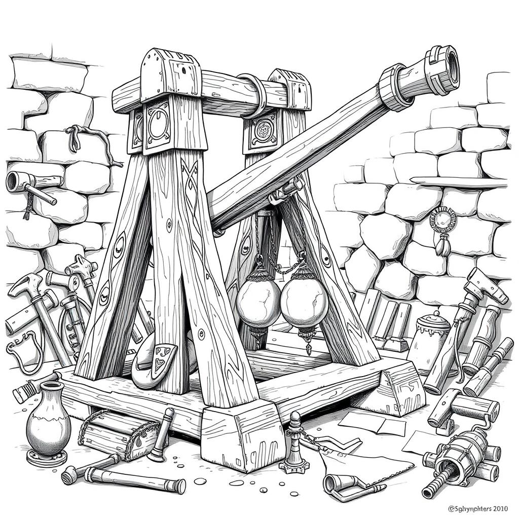 A meticulously detailed black and white drawing of a well-designed dwarven trebuchet, showcasing its intricate engineering and artistry