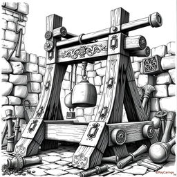 A meticulously detailed black and white drawing of a well-designed dwarven trebuchet, showcasing its intricate engineering and artistry