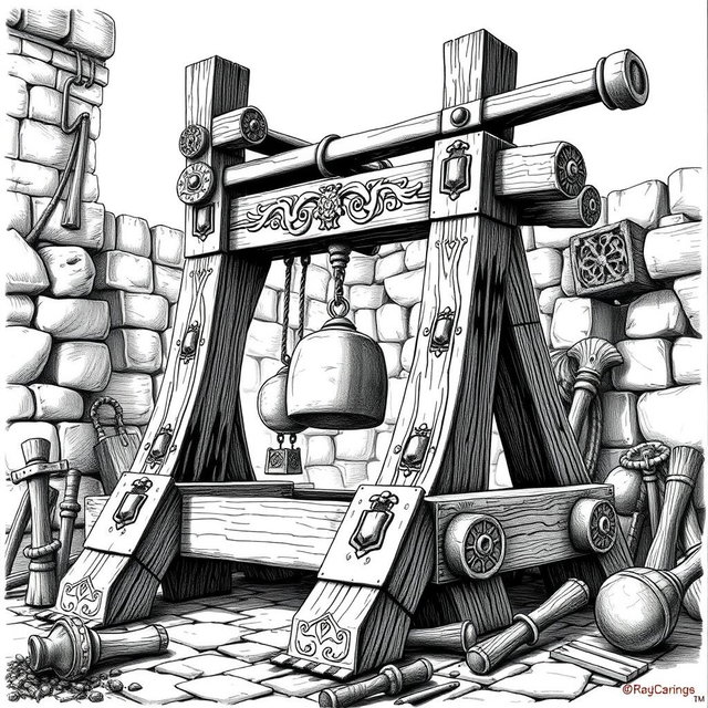 A meticulously detailed black and white drawing of a well-designed dwarven trebuchet, showcasing its intricate engineering and artistry