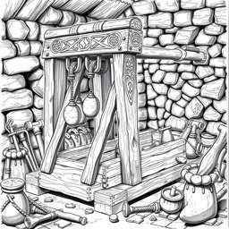 A meticulously detailed black and white drawing of a well-designed dwarven trebuchet, showcasing its intricate engineering and artistry