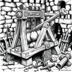 A meticulously detailed black and white drawing of a well-designed dwarven trebuchet, showcasing its intricate engineering and artistry