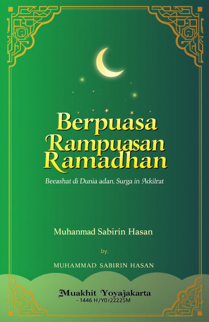 A beautifully designed book cover for a title "Berpuasa Ramadhan: Sehat di Dunia dan Surga di Akhirat" by Muhammad Sabirin Hasan