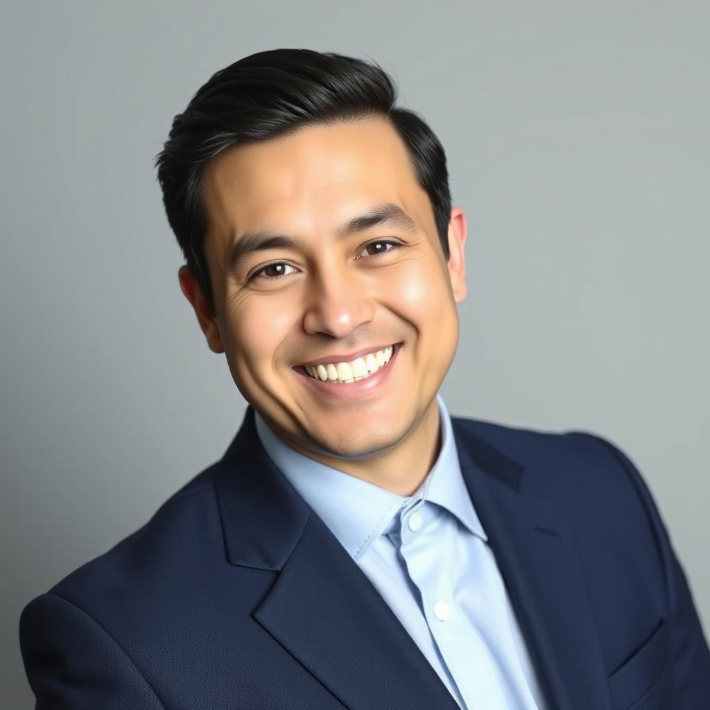 A professional headshot suitable for a CV, featuring a confident individual with a warm smile, wearing a tailored navy blue suit and a light blue dress shirt