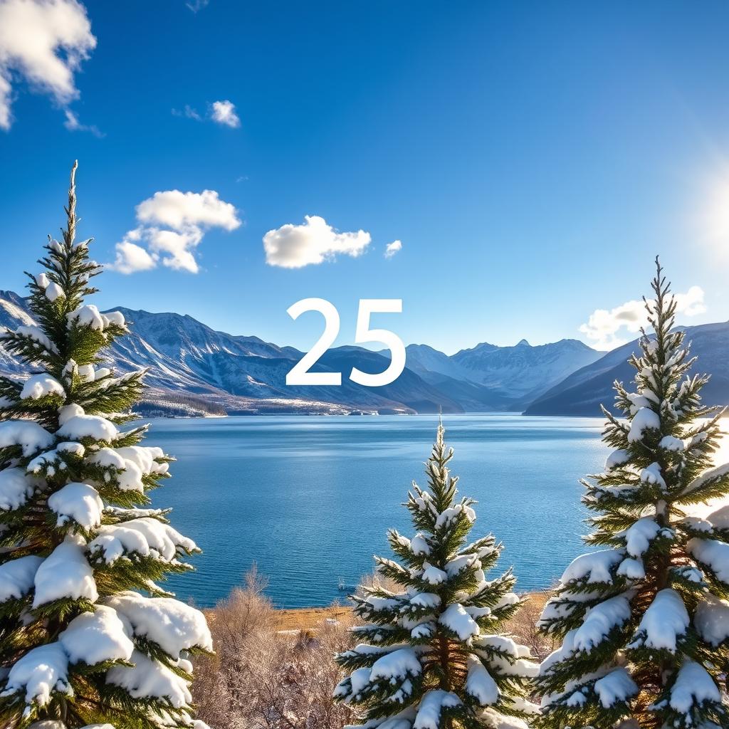 A picturesque winter landscape featuring snow-covered trees and a serene lake, with the date '25 Feb' subtly integrated into the scene