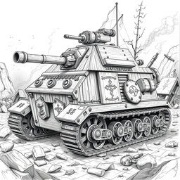 A highly detailed black and white drawing of an armored dwarven wooden tank, showcasing its robust and intricately designed structure