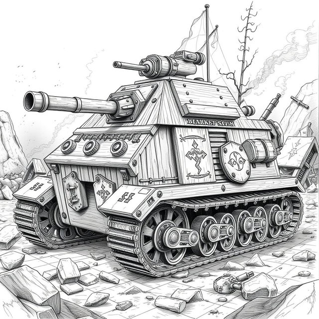 A highly detailed black and white drawing of an armored dwarven wooden tank, showcasing its robust and intricately designed structure