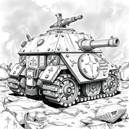 A highly detailed black and white drawing of an armored dwarven wooden tank, showcasing its robust and intricately designed structure
