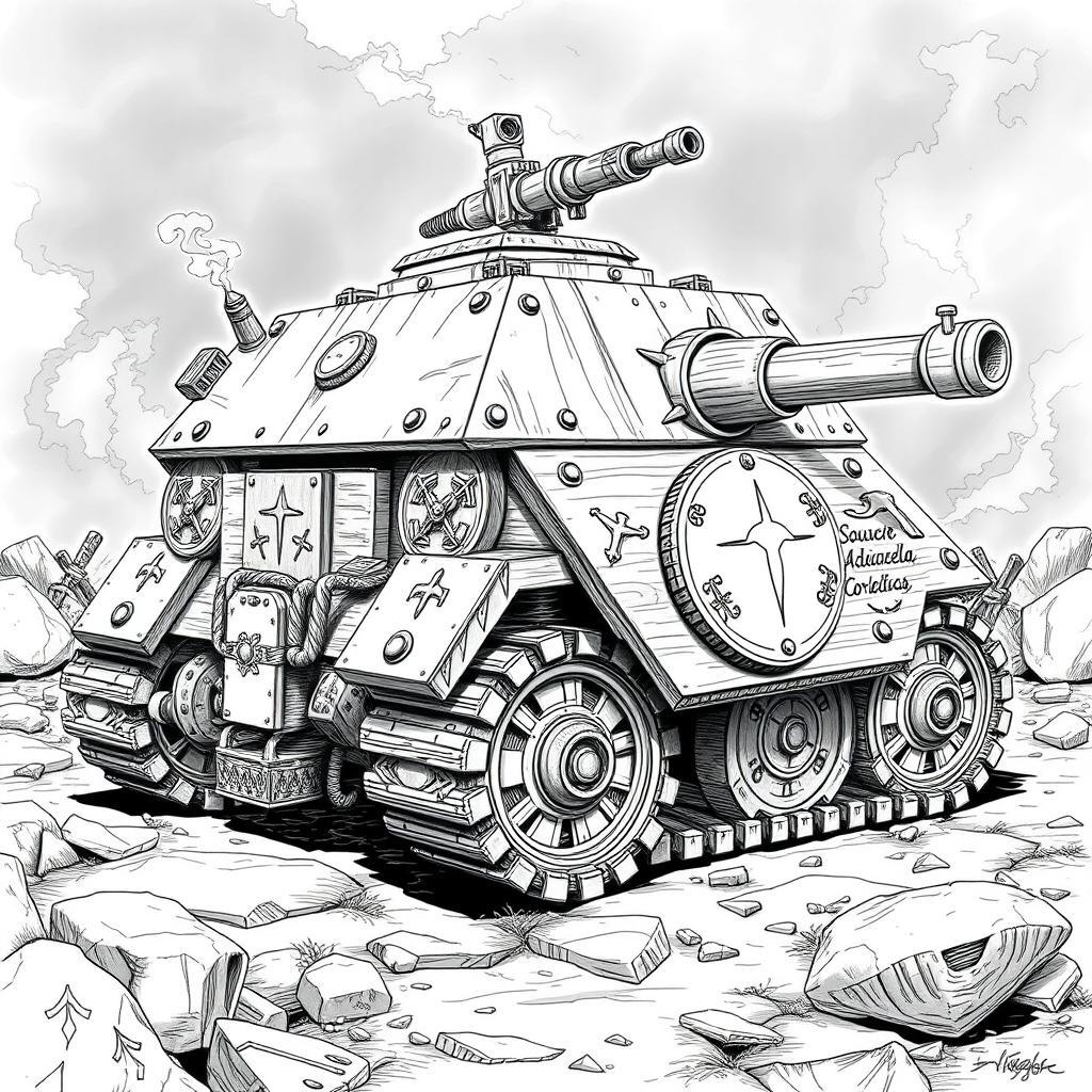 A highly detailed black and white drawing of an armored dwarven wooden tank, showcasing its robust and intricately designed structure