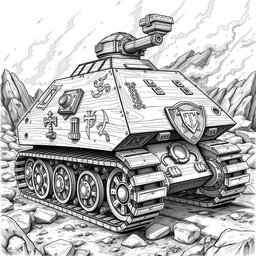 A highly detailed black and white drawing of an armored dwarven wooden tank, showcasing its robust and intricately designed structure