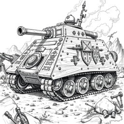 A highly detailed black and white drawing of an armored dwarven wooden tank, showcasing its robust and intricately designed structure
