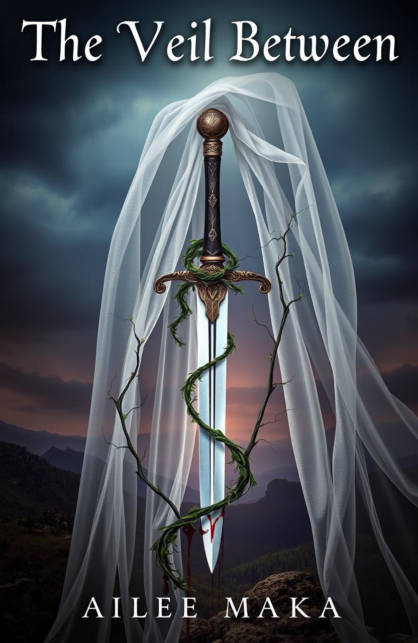 A book cover featuring an ethereal veil in the center, with a magnificent sword piercing through it