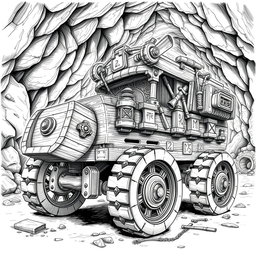 A highly detailed black and white drawing of a dwarven wooden mining vehicle, showcasing its sturdy and functional design