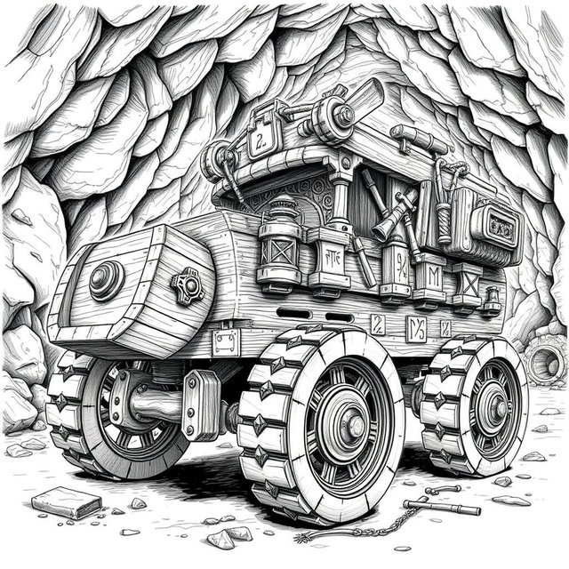 A highly detailed black and white drawing of a dwarven wooden mining vehicle, showcasing its sturdy and functional design