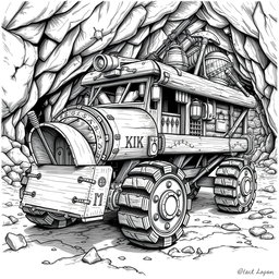 A highly detailed black and white drawing of a dwarven wooden mining vehicle, showcasing its sturdy and functional design
