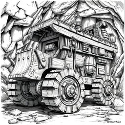 A highly detailed black and white drawing of a dwarven wooden mining vehicle, showcasing its sturdy and functional design