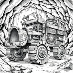A highly detailed black and white drawing of a dwarven wooden mining vehicle, showcasing its sturdy and functional design