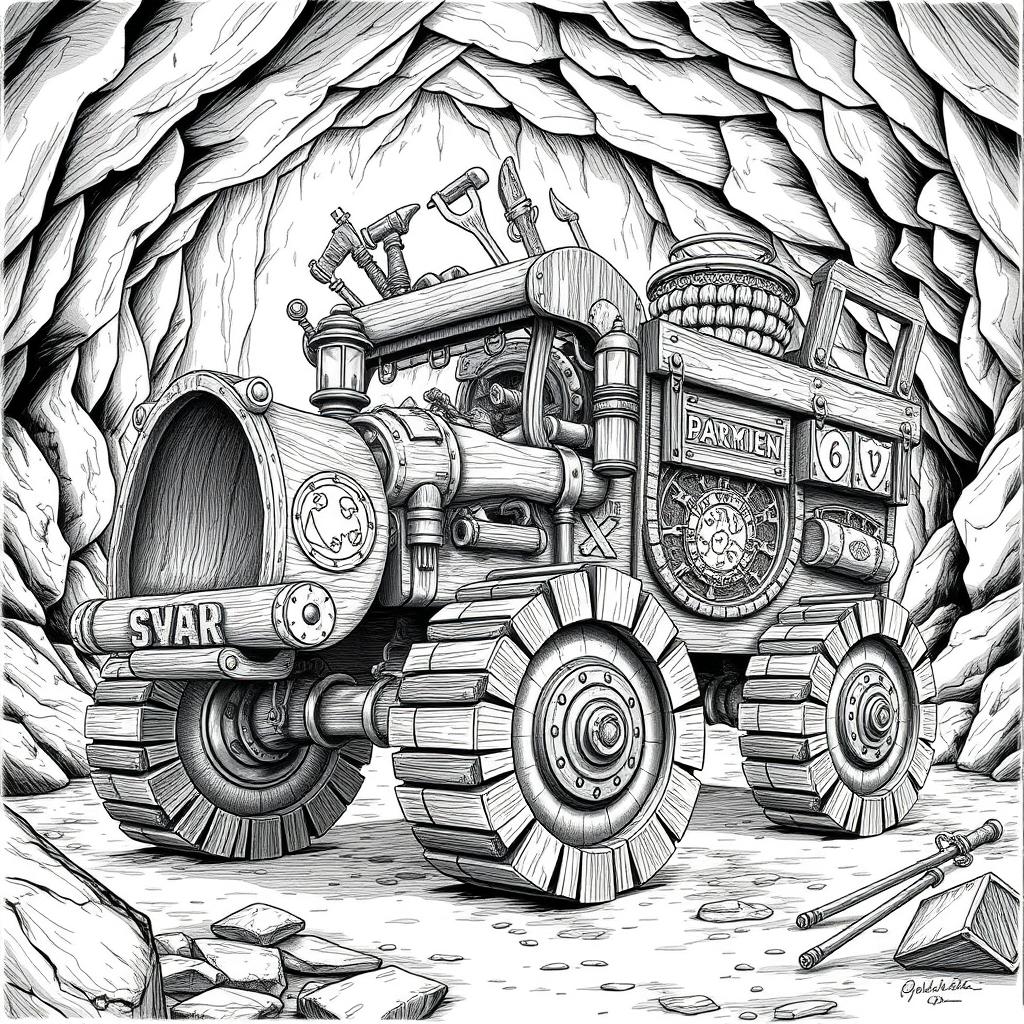 A highly detailed black and white drawing of a dwarven wooden mining vehicle, showcasing its sturdy and functional design