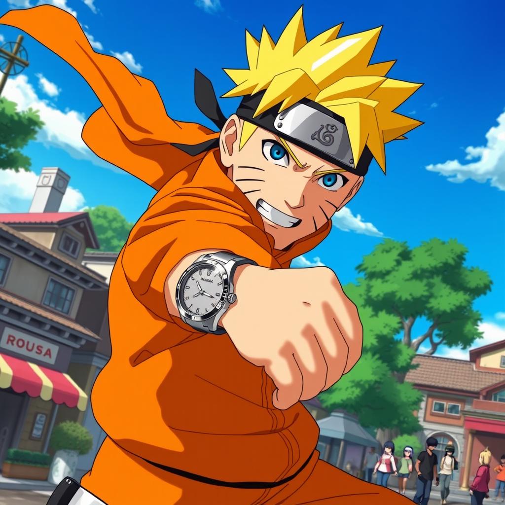 A vibrant, dynamic scene featuring Naruto Uzumaki, the iconic ninja from the anime series, wearing a stylish Rolex watch