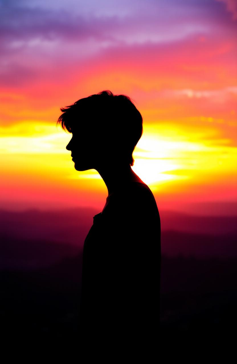 A silhouette of a girl with short hair standing confidently against a vibrant sunset background, showcasing the play of light and shadow