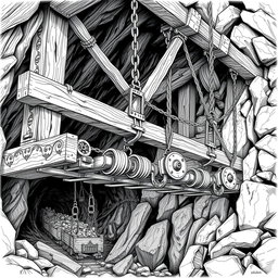 A highly detailed black and white drawing of a dwarven suspension system designed for mining wagons, showcasing its innovative engineering and craftsmanship