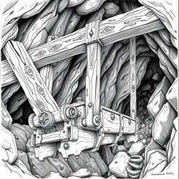 A highly detailed black and white drawing of a dwarven suspension system designed for mining wagons, showcasing its innovative engineering and craftsmanship