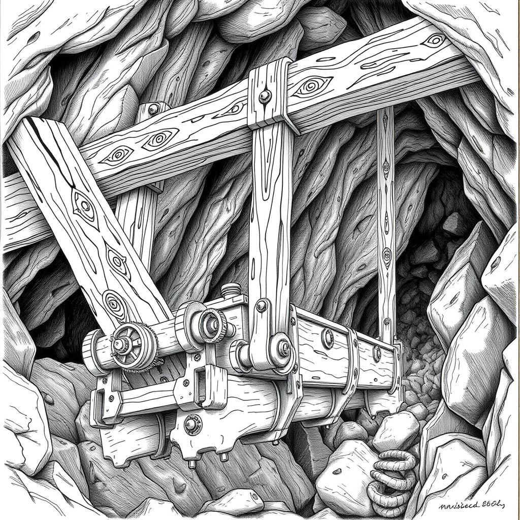 A highly detailed black and white drawing of a dwarven suspension system designed for mining wagons, showcasing its innovative engineering and craftsmanship