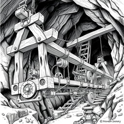 A highly detailed black and white drawing of a dwarven suspension system designed for mining wagons, showcasing its innovative engineering and craftsmanship