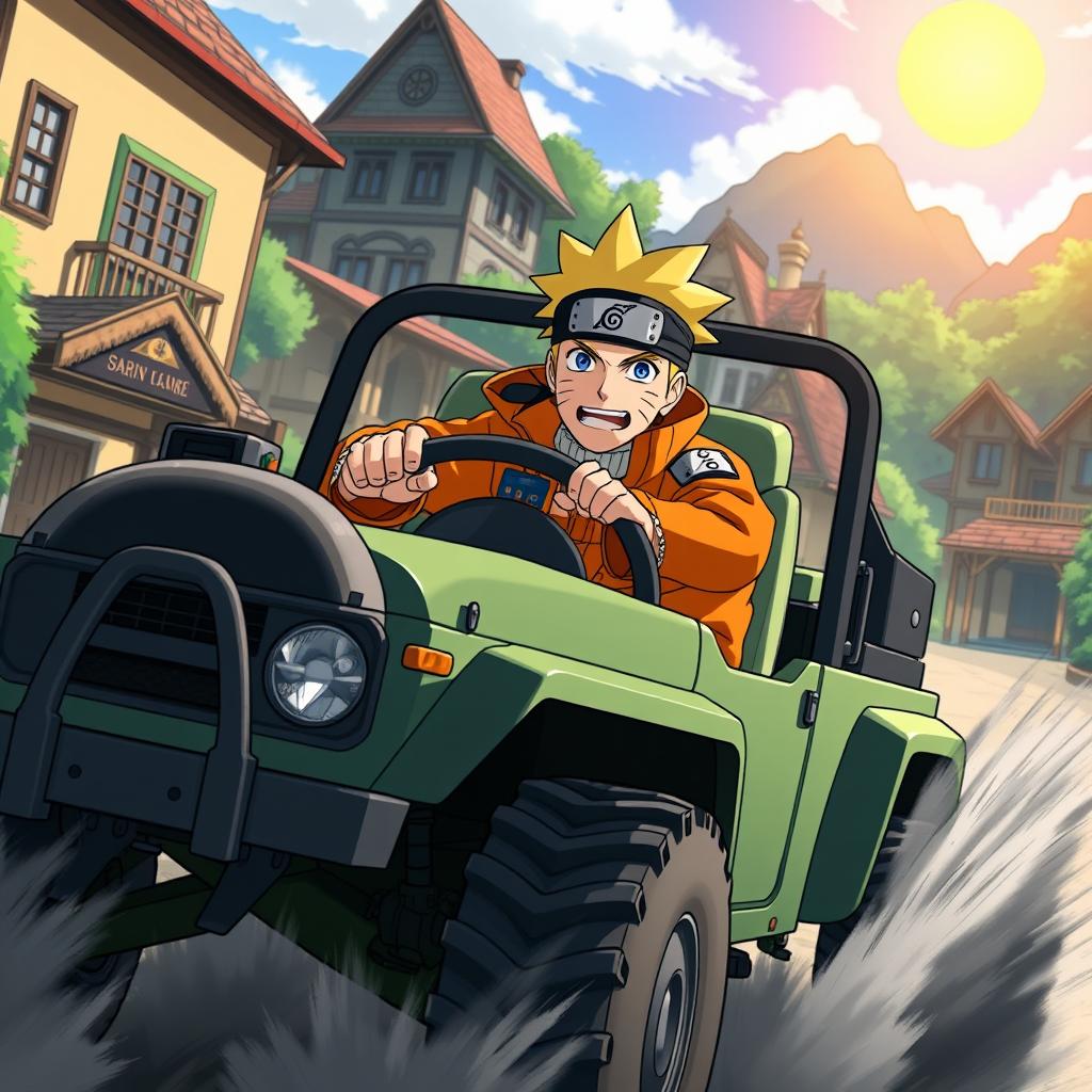 A dynamic scene featuring Naruto Uzumaki driving a rugged Land Cruiser car through the Hidden Leaf Village