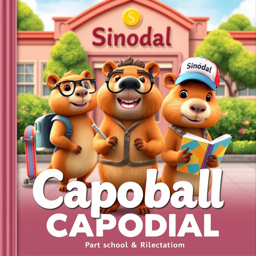 A captivating cover illustration featuring three 3D-style capybaras in a lively school setting