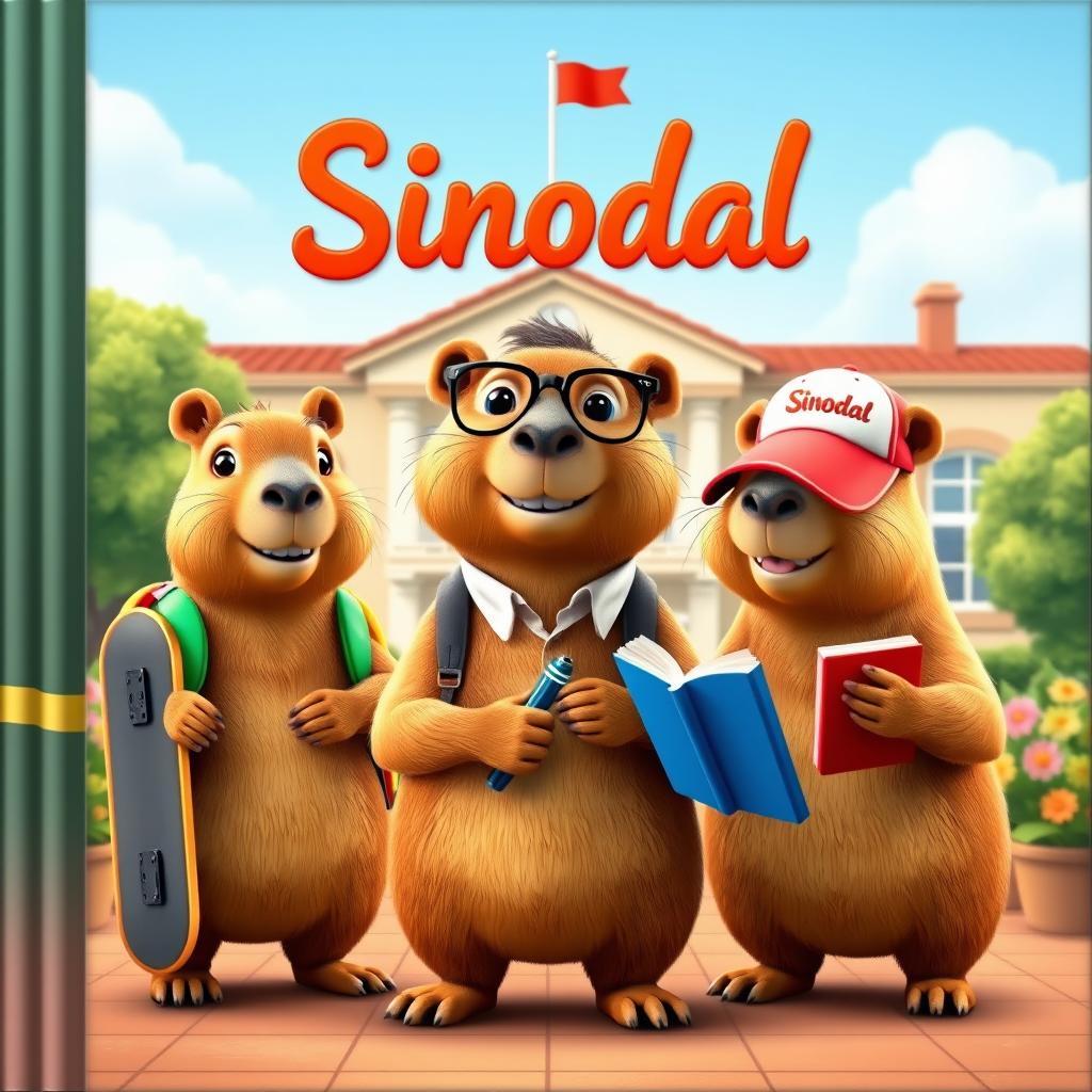 A captivating cover illustration showcasing three 3D-style capybaras in a lively school setting