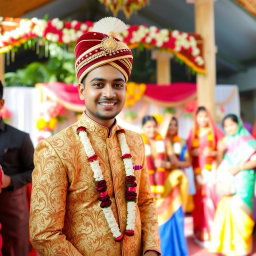 A vibrant wedding scene in Bangladesh featuring a groom in traditional attire