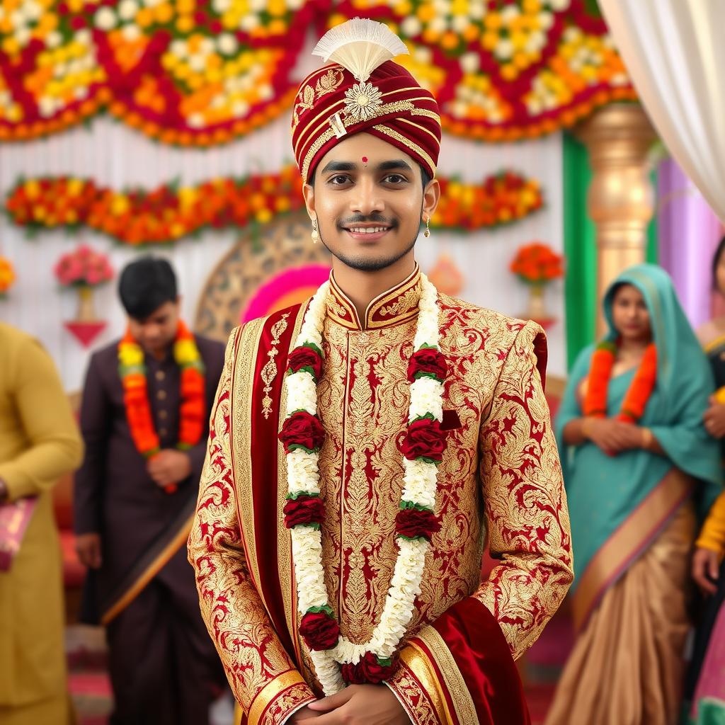 A vibrant wedding scene in Bangladesh featuring a groom in traditional attire