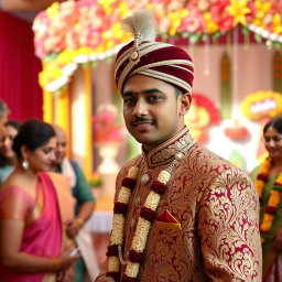 A vibrant wedding scene in Bangladesh featuring a groom in traditional attire