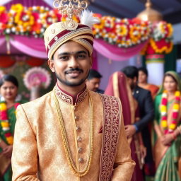 A vibrant wedding scene in Bangladesh featuring a groom in traditional attire