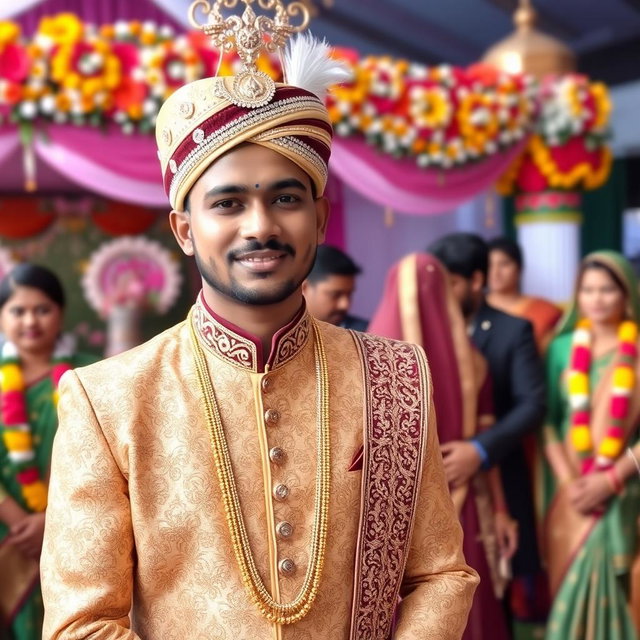 A vibrant wedding scene in Bangladesh featuring a groom in traditional attire