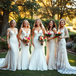 A group of three joyful women dressed as brides, each wearing stunning bridal gowns adorned with intricate lace and delicate embroidery