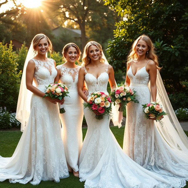 A group of three joyful women dressed as brides, each wearing stunning bridal gowns adorned with intricate lace and delicate embroidery