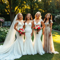 A group of three joyful women dressed as brides, each wearing stunning bridal gowns adorned with intricate lace and delicate embroidery