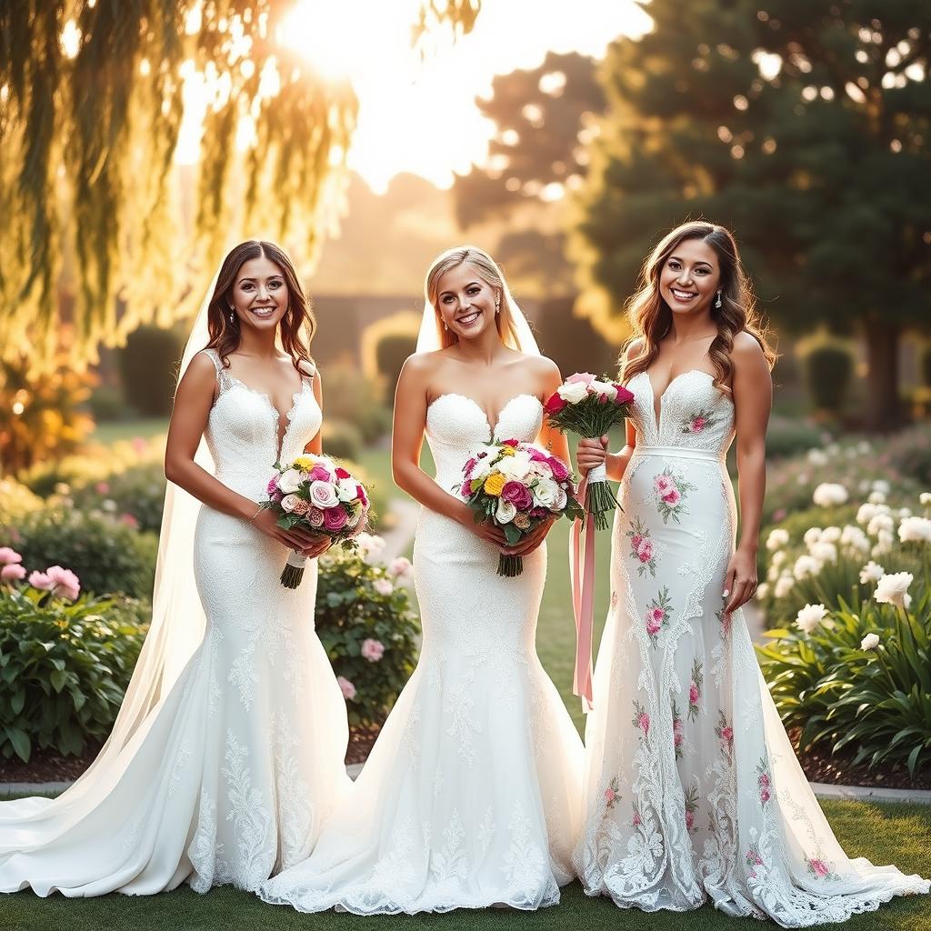 A group of three joyful women dressed as brides, each wearing stunning bridal gowns adorned with intricate lace and delicate embroidery