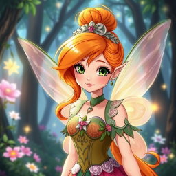 A fairy inspired by Bloom from Winx, featuring beautiful orange hair styled elegantly, depicted in an anime art style while showcasing German heritage