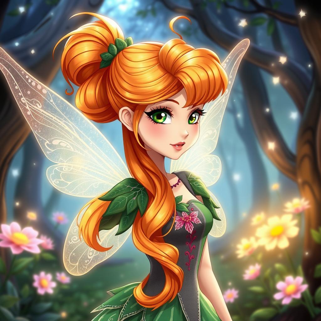 A fairy inspired by Bloom from Winx, featuring beautiful orange hair styled elegantly, depicted in an anime art style while showcasing German heritage