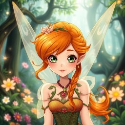 A fairy inspired by Bloom from Winx, featuring beautiful orange hair styled elegantly, depicted in an anime art style while showcasing German heritage