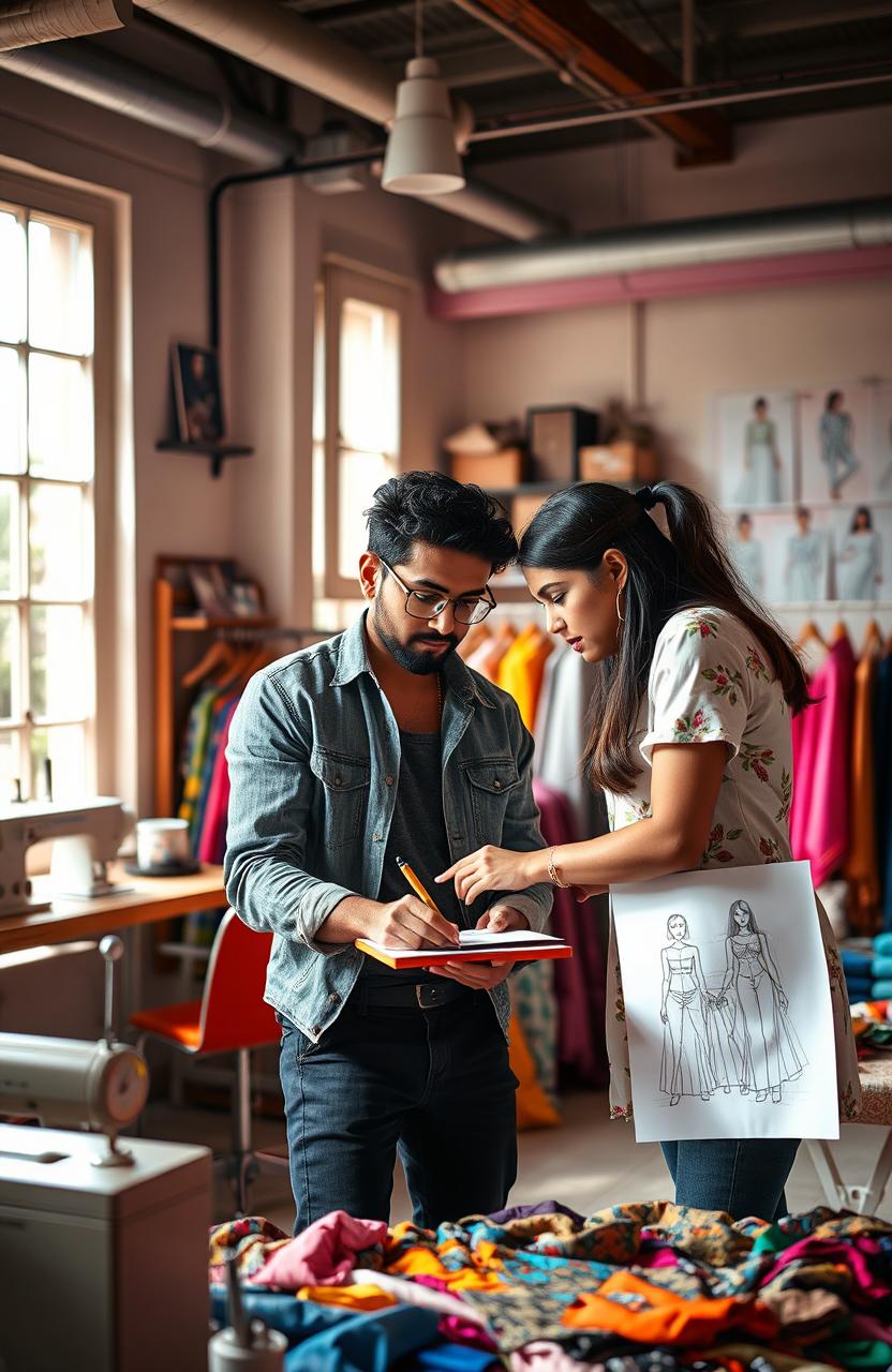 A scene in a vibrant fashion design studio, featuring an Indian male fashion designer and his female assistant