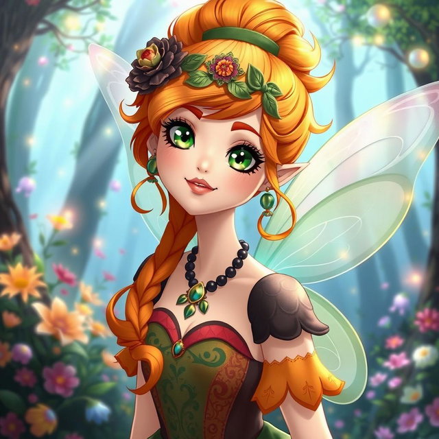 A whimsical fairy inspired by Bloom from Winx, featuring beautiful orange hair styled elegantly, and sporting charming mustaches, depicted in an anime art style while showcasing German heritage