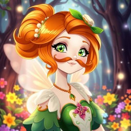 A whimsical fairy inspired by Bloom from Winx, featuring beautiful orange hair styled elegantly, and sporting charming mustaches, depicted in an anime art style while showcasing German heritage