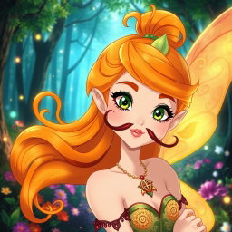 A whimsical fairy inspired by Bloom from Winx, featuring beautiful orange hair styled elegantly, and sporting charming mustaches, depicted in an anime art style while showcasing German heritage