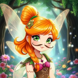 A whimsical fairy inspired by Bloom from Winx, featuring beautiful orange hair styled elegantly, and sporting charming mustaches, depicted in an anime art style while showcasing German heritage