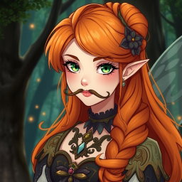 A more mature and serious interpretation of a fairy inspired by Bloom from Winx, featuring beautiful orange hair styled elegantly, adorned with charming mustaches, depicted in an anime art style that reflects adult themes while showcasing German heritage