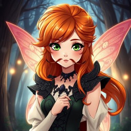 A more mature and serious interpretation of a fairy inspired by Bloom from Winx, featuring beautiful orange hair styled elegantly, adorned with charming mustaches, depicted in an anime art style that reflects adult themes while showcasing German heritage