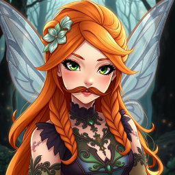 A more mature and serious interpretation of a fairy inspired by Bloom from Winx, featuring beautiful orange hair styled elegantly, adorned with charming mustaches, depicted in an anime art style that reflects adult themes while showcasing German heritage